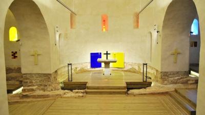 View of the chapel with art and sculptures