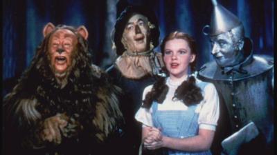 Judy Garland and fellow cast-members in the Wizard of Oz