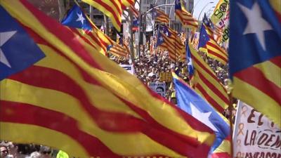 Flags at pro-independence demonstration in Barcelona on 15 April 2018.