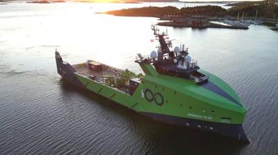 Remote-controlled Boat in Norwegian fjord.