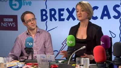 Laura Kuenssberg and Chris Mason appearing on Brexitcast Live