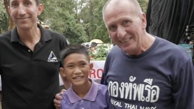 Vern Unsworth with rescued Thai cave boy Titan