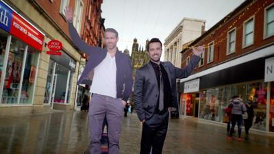 'Ryan Reynolds' and 'Rob McElhenney' visit Wrexham after taking over the town's football club...