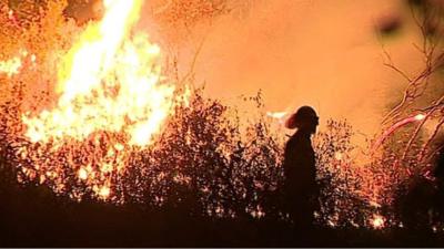 Image of firefigther near flames in Portugal