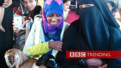 Two young women on train holding a goat