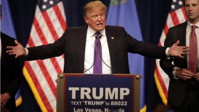 Republican presidential candidate Donald Trump declares victory, winning Nevada's First in the West presidential caucus at the Treasure Hotel Casino in Las Vegas on 23 February 2016.