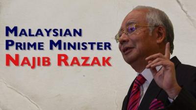 A graphic which reads 'Malaysian PM Najib Razak' and also shows an image of the same person