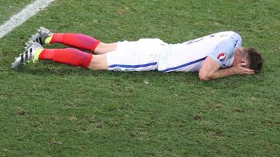 England's defender Gary Cahill reacts after the Euro 2016 round of 16 football match between England and Iceland at the Allianz Riviera stadium in Nice on 27 June 2016.