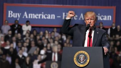 An illustration of Trump in a jobs-themed political rally