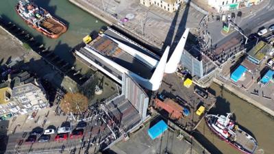 The main bascule span for the Gull Wing bridge in Lowestoft arriving by boat.