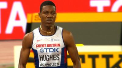 Zharnel Hughes during his heat at the World Championships in Beijing