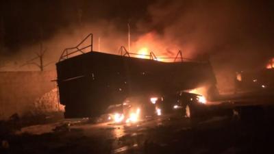 Screengrab of video showing burning lorry after attack on aid convoy in Urum al-Kubra, Syria (19 September 2016)