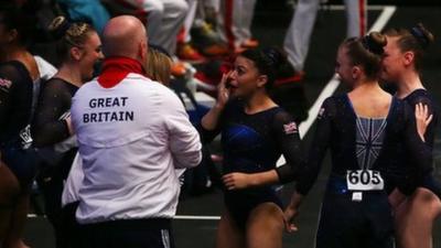 Tears of joy from the GB women as their vault scores earn a bronze medal.