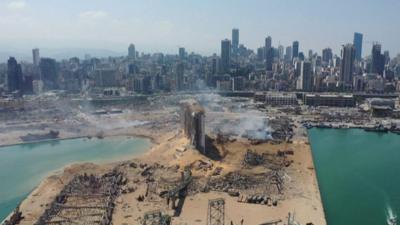 Aerial view of the site of the Beirut explosion