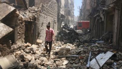 Aftermath of air strike in rebel-held Shaar district of Aleppo, Syria (8 June 2016)