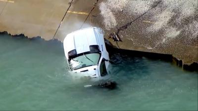 Van in lake