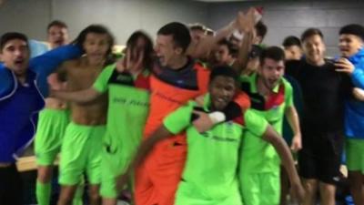 Oxford City celebrate beating Colchester United in the FA Cup 1st round