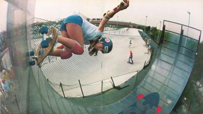 Cindy Whitehead riding a halfpipe in the 70s