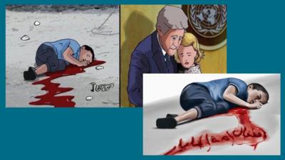 Cartoon depictions of Jamal al-Ashqar, the boy who was killed in Aleppo after an airstrike