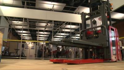 A robot that works as a fork lift truck at Europe's biggest robotics exhibition.