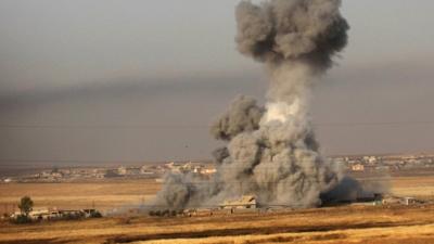 Smoke billows on the front line near Hasan Sham village, some 45 kilometres east of the city of Mosul, during a military operation by Iraqi Kurdish forces aimed at retaking areas from the Islamic State group on 29 May 2016.