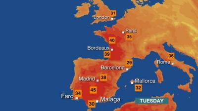 Map of Europe showing very high temperatures.