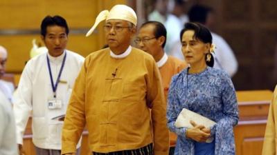 Myanmar new president Htin Kyaw and Myanmar democracy leader Aung San Suu Kyi at the Union Parliament in Naypyitaw, Myanmar, 30 March 2016