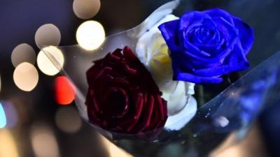 Roses in the colours of the French national flag at Place de la Republique