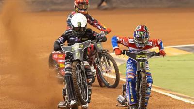 Britain’s Tai Woffindin, Dan Bewley & Australia’s Max Fricke race at FIM Speedway GP Great Britain