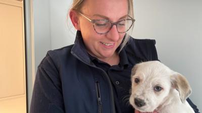 Lady holding a white fluffy puppy