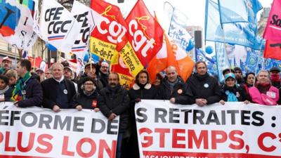 Protesters holding signs and flags