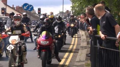 Bikers escort the Cameron Gosling's coffin in Crook