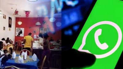 Composite image of a restaurant and WhatsApp logo