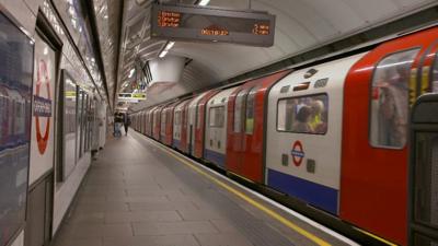 An underground train at Oxford Station in London