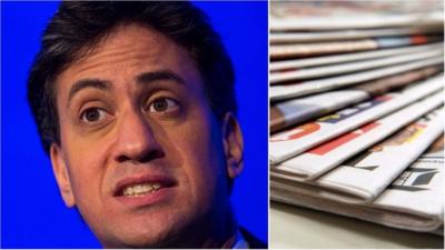 Ed Miliband/pile of newspapers