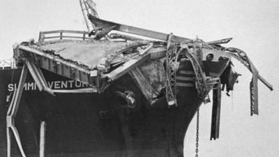 Bridge fallen over ship