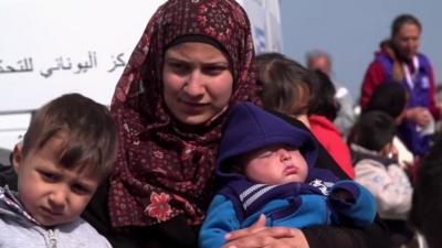 Mother and children in Lesbos