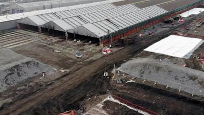 Aerial view of old rail depot sheds