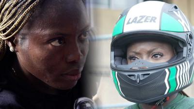 A composite image of Sekinat Alawode Abiola doing make-up and as a bobsleigh racer