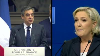 Fillon and Le Pen reading their speeches