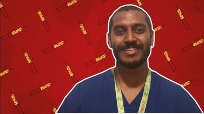 Dr Kavian Kulasabanathan in front of a red background with vaccine syringes