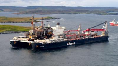 The top structure of the Ninian Northern platform was taken to Lerwick by Pioneering Spirit.