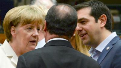 Angela Merkel, Francois Hollande and Alexis Tsipras in Brussels on 12 July 2015