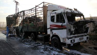 Damaged aid truck outside Aleppo