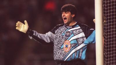 Former Newcastle goalkeeper Pavel Srnicek in action v Man Utd