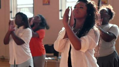 Young women performing a Step dance routine in a scene from Step