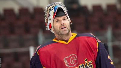 Former Chelsea and Arsenal keeper Petr Cech in goal for Guildford Phoenix ice hockey team