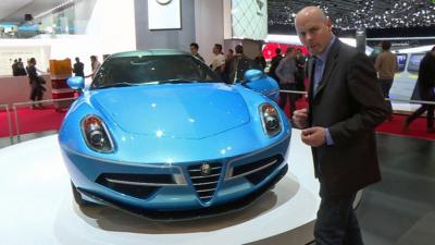 BBC reporter Theo Leggett and an Alfa Romeo at the Geneva Motor SHow