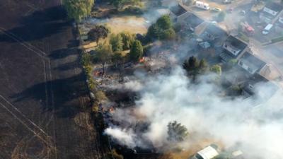 Aerial view of fire and smoke at Ashill in Norfolk