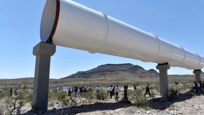 A Hyperloop tube is displayed during the first test of the propulsion system at the Hyperloop One Test and Safety site on 11 May 2016 in North Las Vegas, Nevada.